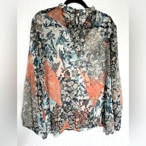 NWOT World Market sheer colorful patchwork and polka dot blouse
